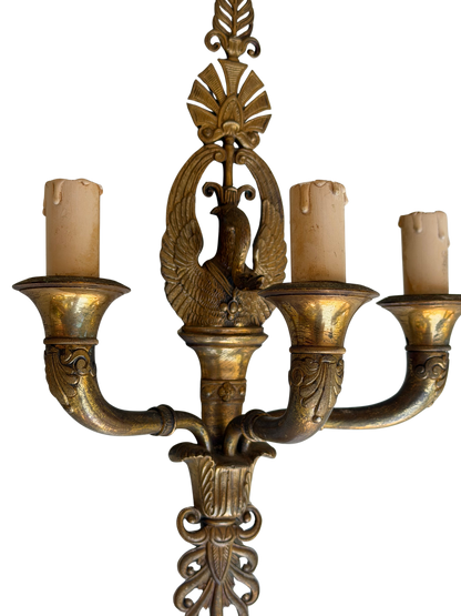 Pair of French Napoleon III Empire Revival Gilt Bronze Eagle Three-Light Wall Sconces, Late 19th Century
