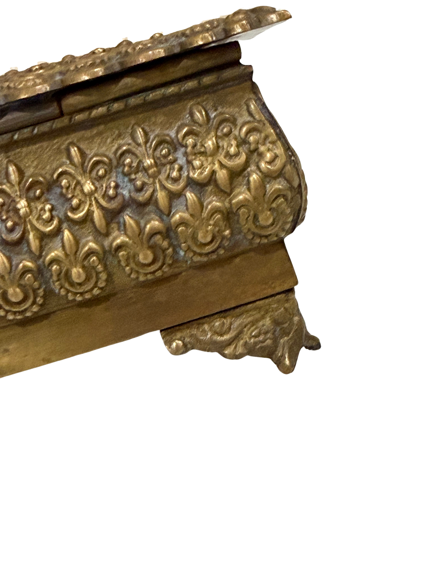 Antique Repoussé Brass Footed Box with Red Velvet Interior