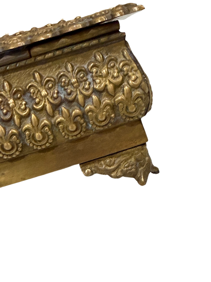 Antique Repoussé Brass Footed Box with Red Velvet Interior