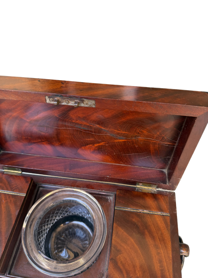 English Regency Figured Mahogany and Mother-of-Pearl Sarcophagus Tea Caddy with Cut Crystal Mixing Bowl