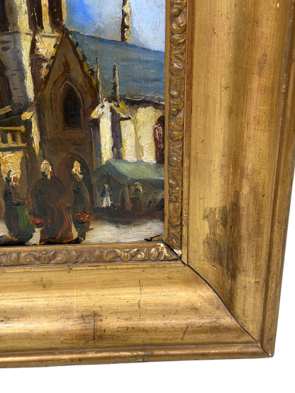 19th Century French School Oil Painting of Breton Church Scene, Monogrammed “LV”