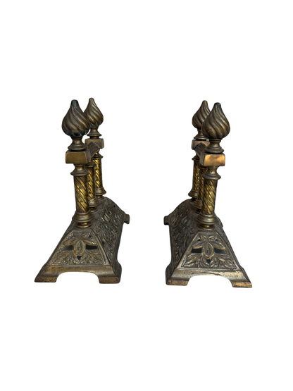Pair of English Victorian Cast Brass Fireplace Firedogs with Flame Finials, Circa 1880–1900