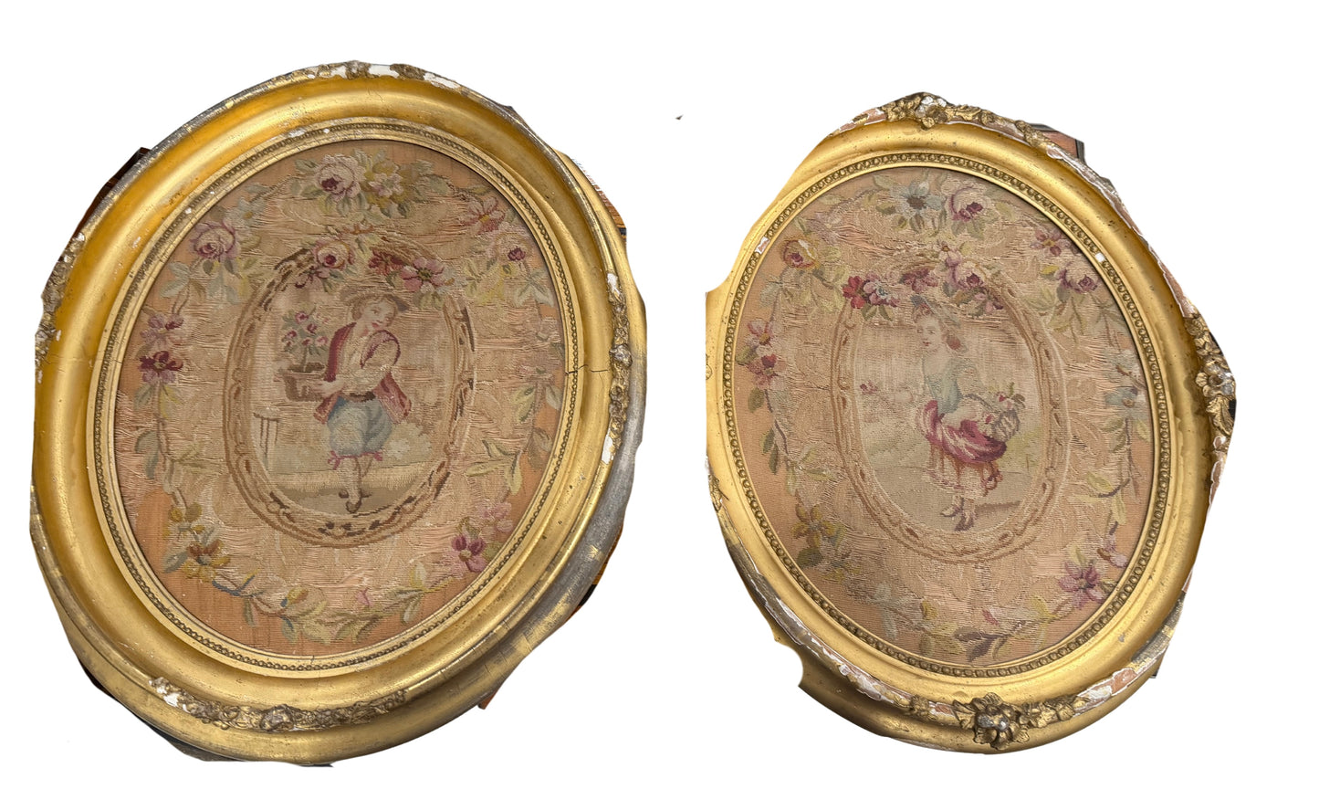 Pair of French Rococo Revival Framed Aubusson-Style Tapestry Panels