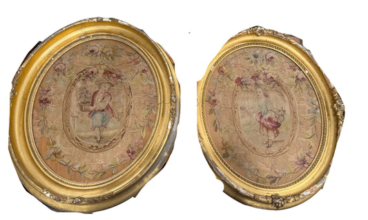 Pair of French Rococo Revival Framed Aubusson-Style Tapestry Panels