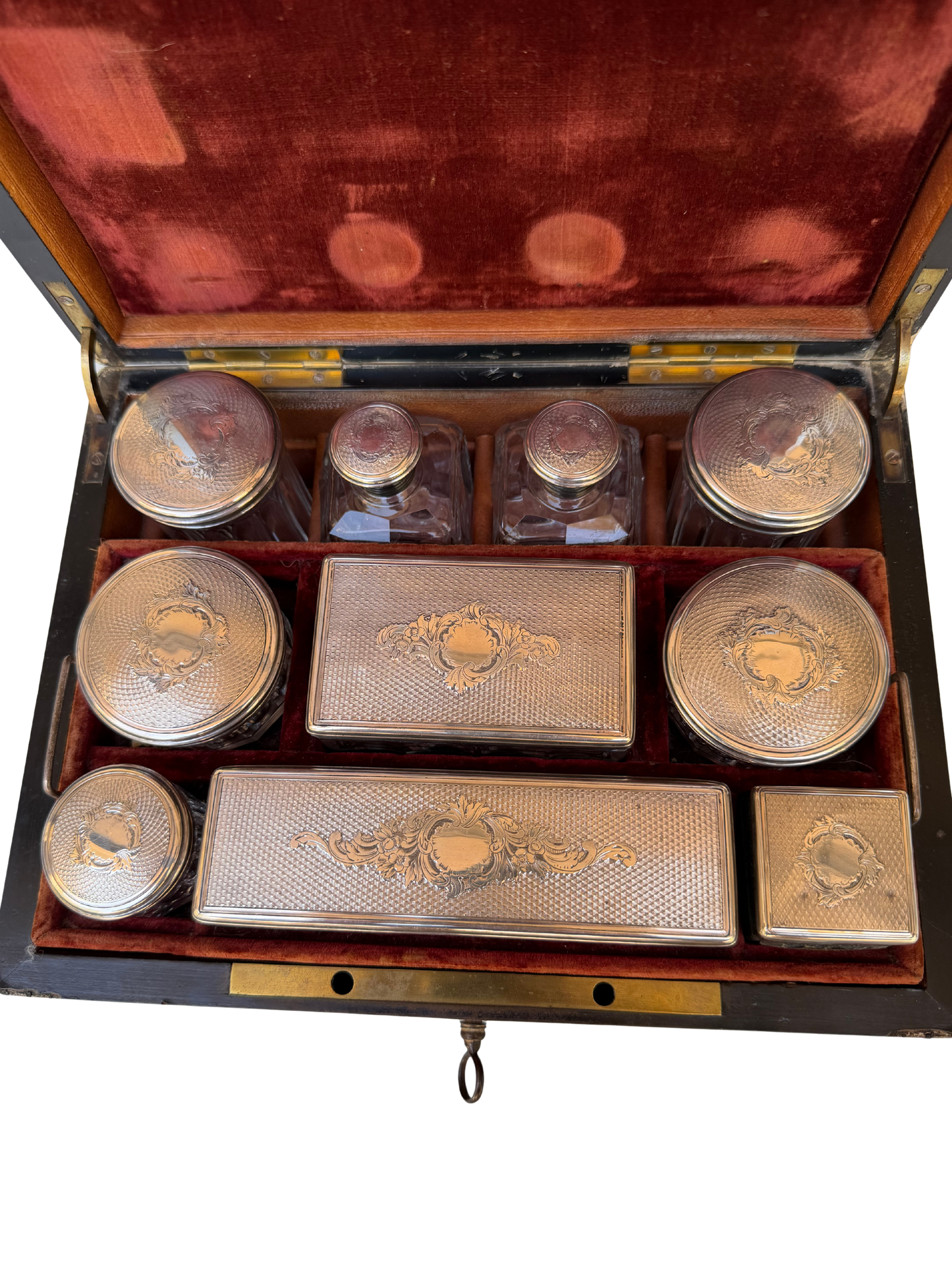 Napoleon III French Boulle-Style Fitted Dressing Case with Minerva Silver Appointments and Monogrammed Cartouche