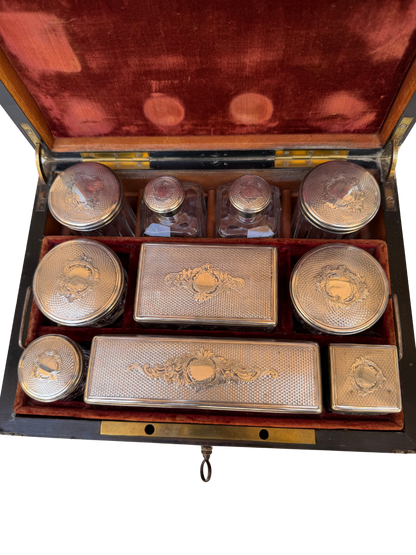 Napoleon III French Boulle-Style Fitted Dressing Case with Minerva Silver Appointments and Monogrammed Cartouche