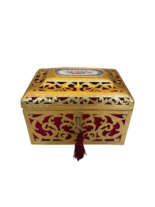 20th C Napoleon III Style Pierced Brass and Sèvres-Style Porcelain Plaque Table Box