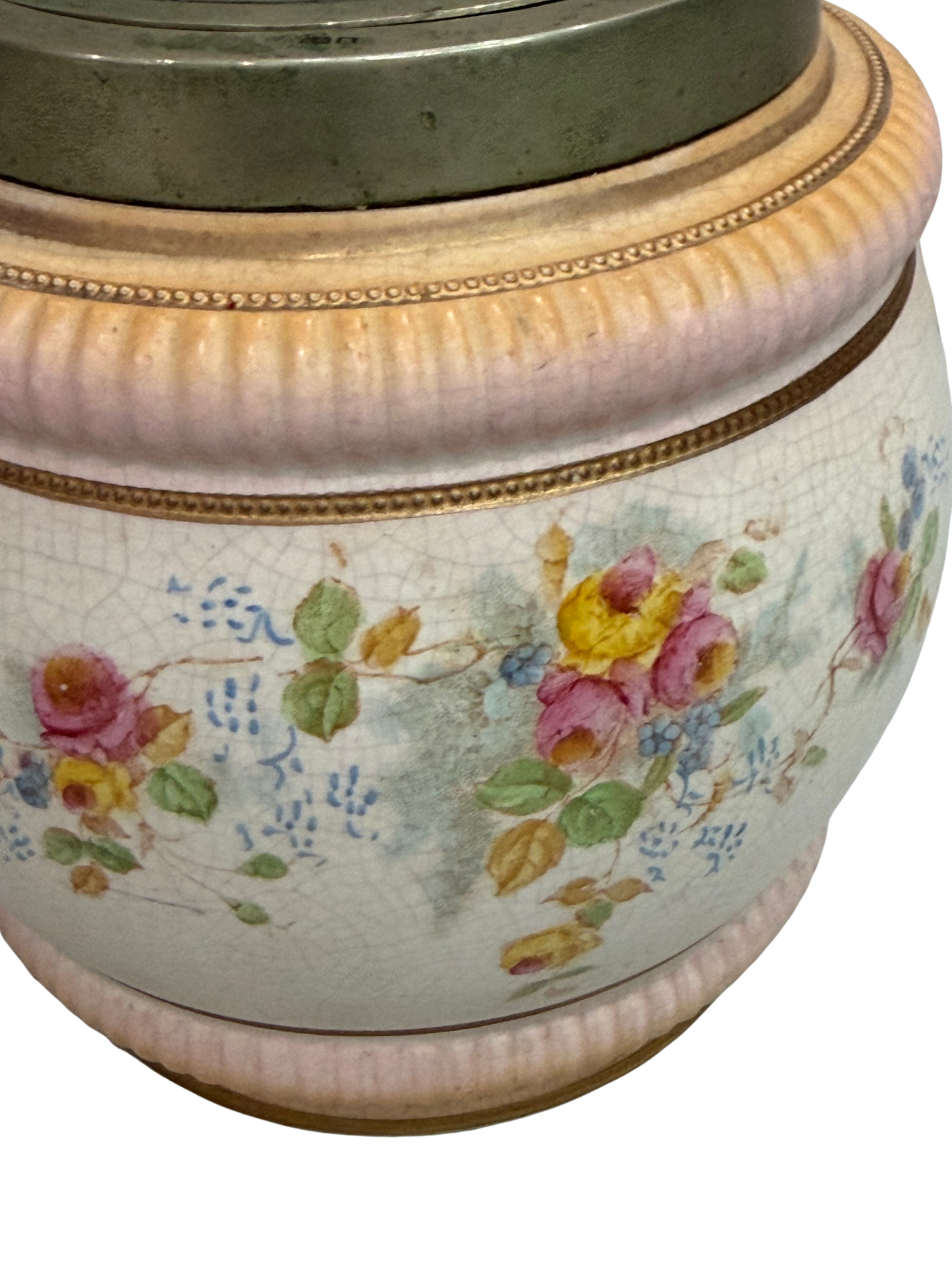 William Wood and Co. Hand-Painted Floral Biscuit Barrel with EPNS Mounts