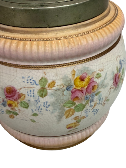 William Wood and Co. Hand-Painted Floral Biscuit Barrel with EPNS Mounts