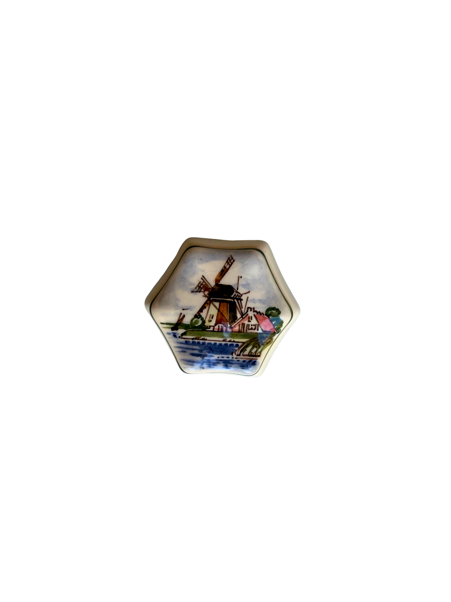 Vintage Dutch Hand-Painted Delft-Style Windmill Trinket Box, Mid-20th Century