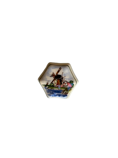 Vintage Dutch Hand-Painted Delft-Style Windmill Trinket Box, Mid-20th Century