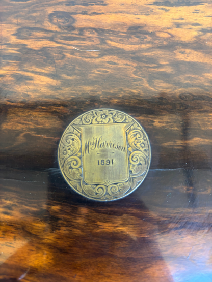 Fine Victorian Burled Walnut Vanity / Dressing Case with Silverplate Fittings, Secret Compartments, Hidden Documents, and Engraved Cartouche Dated 1891