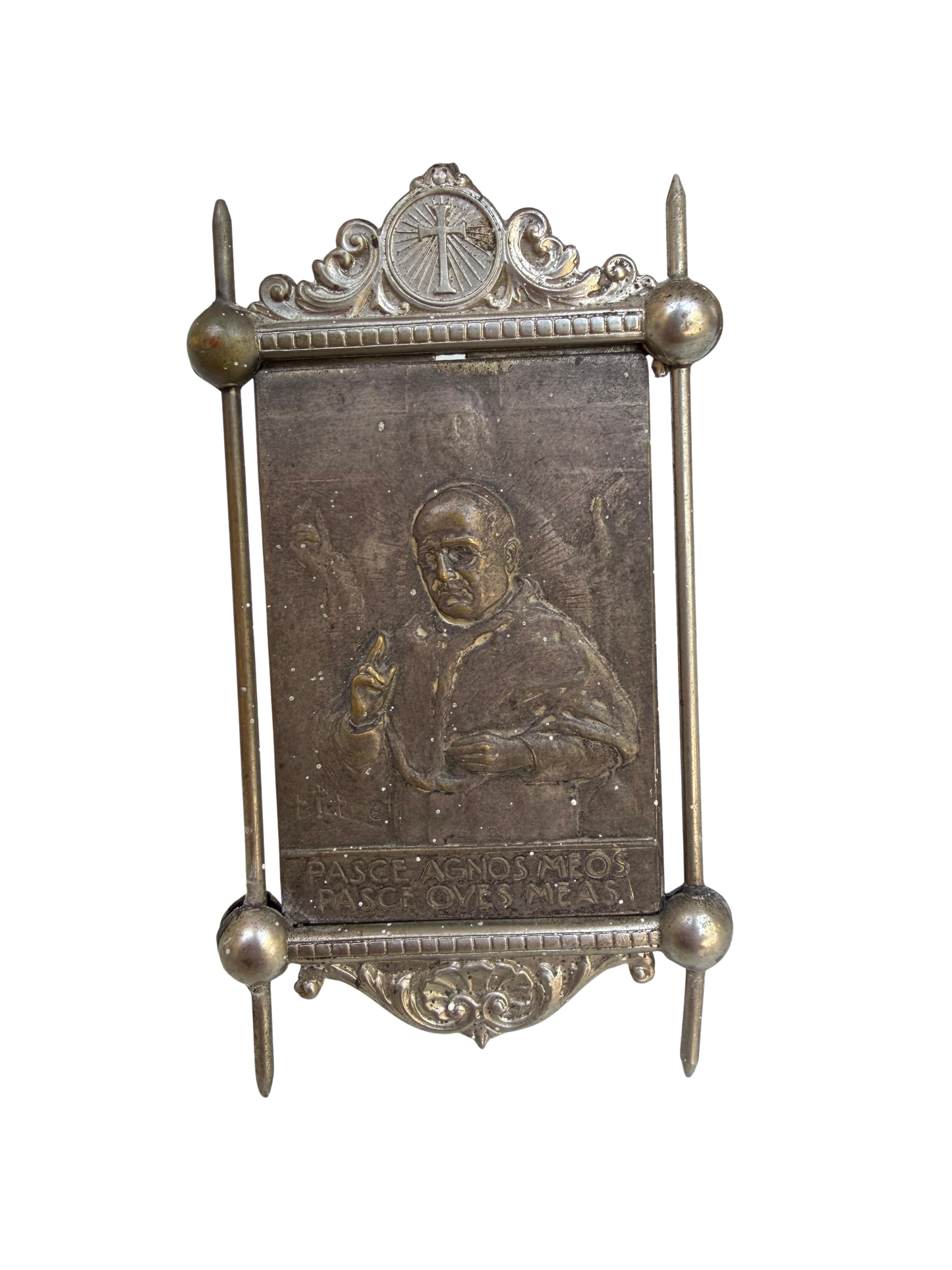 Antique Continental Silvered Metal Devotional Plaque of Pope Pius XI, “Pasce Agnos Meos, Pasce Oves Meas,” Circa 1920s–1930s