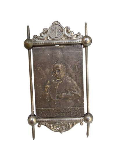 Antique Continental Silvered Metal Devotional Plaque of Pope Pius XI, “Pasce Agnos Meos, Pasce Oves Meas,” Circa 1920s–1930s