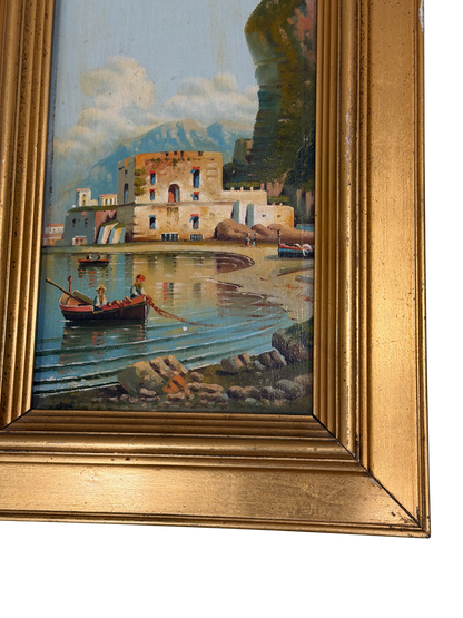 Vintage Italian Coastal Harbor Oil Painting with Fishermen and Giltwood Frame