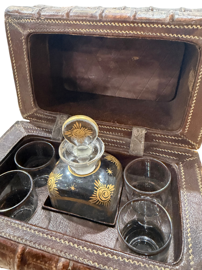 Antique Book-Form Leather Tantalus / Decanter Set with Gilt-Decorated Glassware