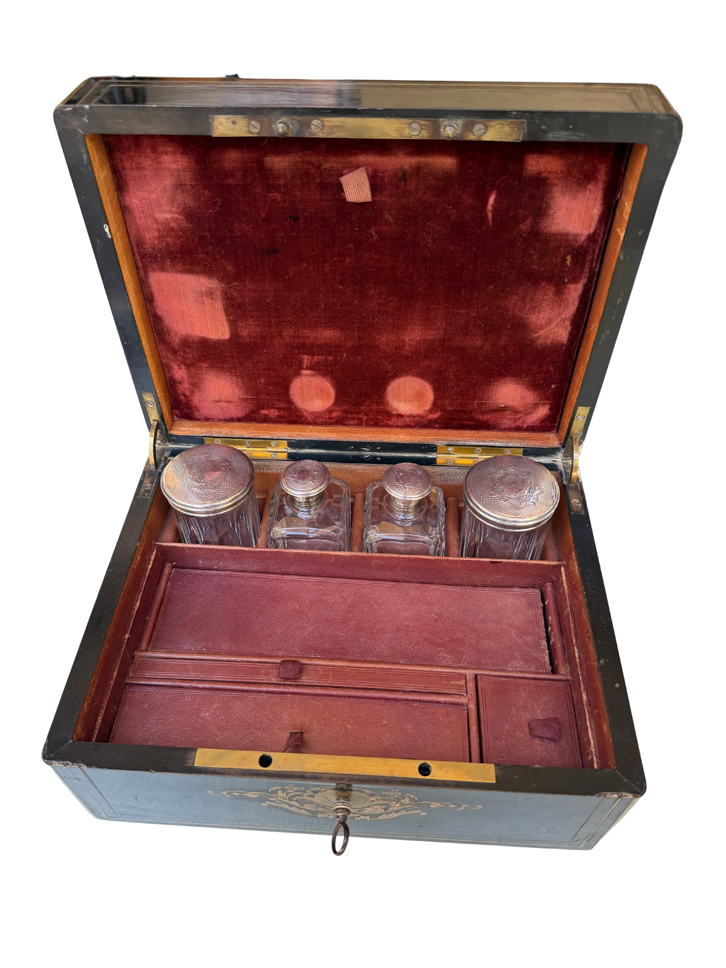 Napoleon III French Boulle-Style Fitted Dressing Case with Minerva Silver Appointments and Monogrammed Cartouche