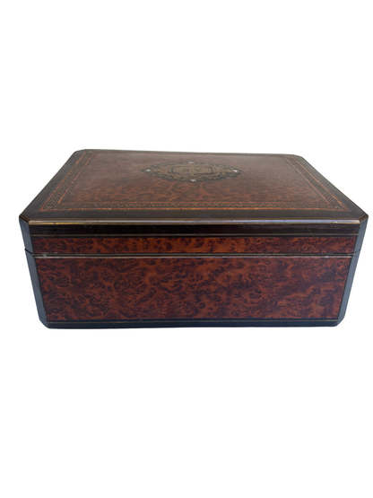 Victorian Burl Walnut and Ebonized Jewelry / Scarf Box with Tufted Satin Interior