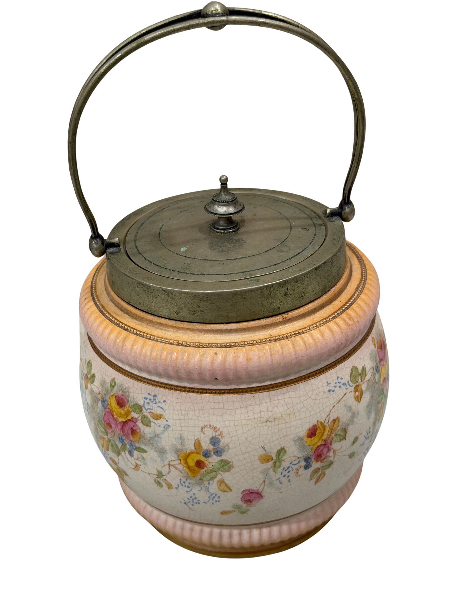 William Wood and Co. Hand-Painted Floral Biscuit Barrel with EPNS Mounts