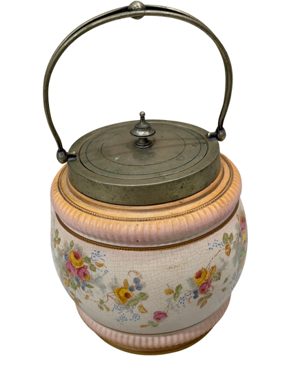 William Wood and Co. Hand-Painted Floral Biscuit Barrel with EPNS Mounts
