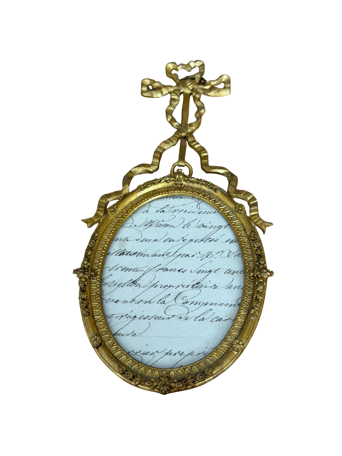19th Century French Brass Louis XVI Revival Ribbon Frame with Antique Manuscript