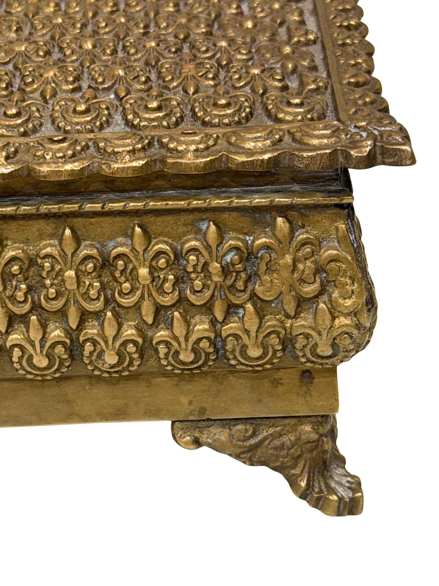 Antique Repoussé Brass Footed Box with Red Velvet Interior