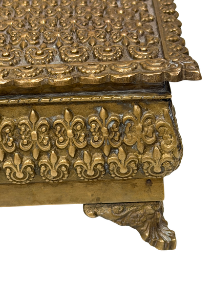 Antique Repoussé Brass Footed Box with Red Velvet Interior