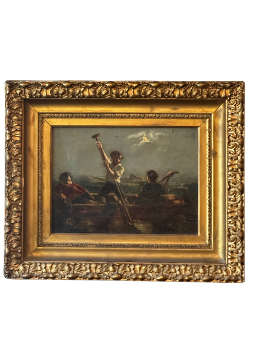 19th C Oil on Canvas of Two Men and a Woman in a Boat