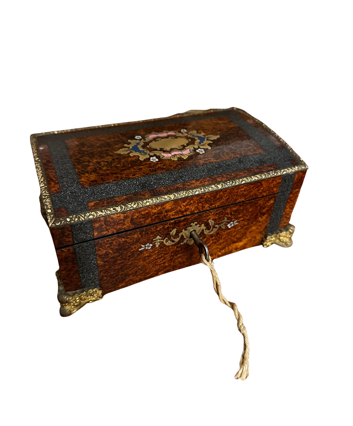 Mid 19th C Napoleon III Burl Walnut Jewelry Box with Mirror and Key (Blue, Pink, and Brass Inlay)
