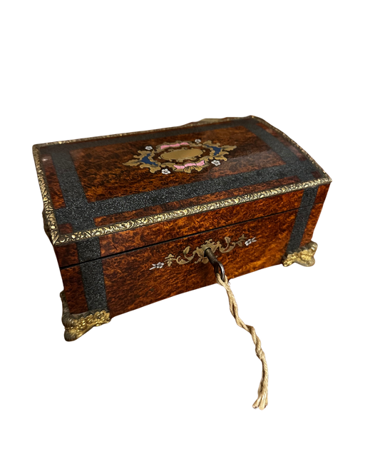 Mid 19th C Napoleon III Burl Walnut Jewelry Box with Mirror and Key (Blue, Pink, and Brass Inlay)