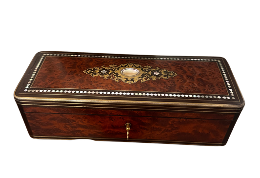 Mid 19th C French Burl Wood with Mother of Pearl and Brass Inlaid Glove Box with Key