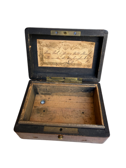 Antique Continental Two-Air Cylinder Music Box Case with Rosewood Veneer and Original Tune Sheet