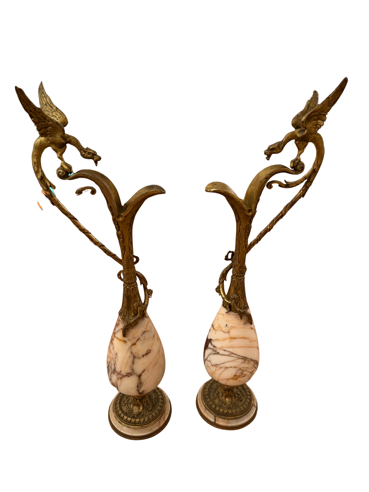 Pair of French Neoclassical Style Bronze-Mounted Variegated Marble Ewers