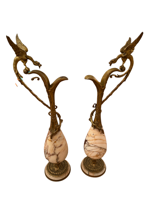 Pair of French Neoclassical Style Bronze-Mounted Variegated Marble Ewers