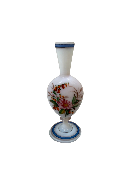 Victorian Hand-Painted Opaque Glass Bud Vase with Floral Decoration Late 19th Century