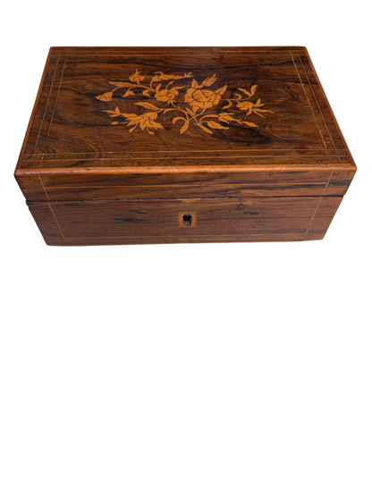 English Regency Rosewood Marquetry Work Box with Floral Inlay and Green Silk Interior, Circa 1820–1840