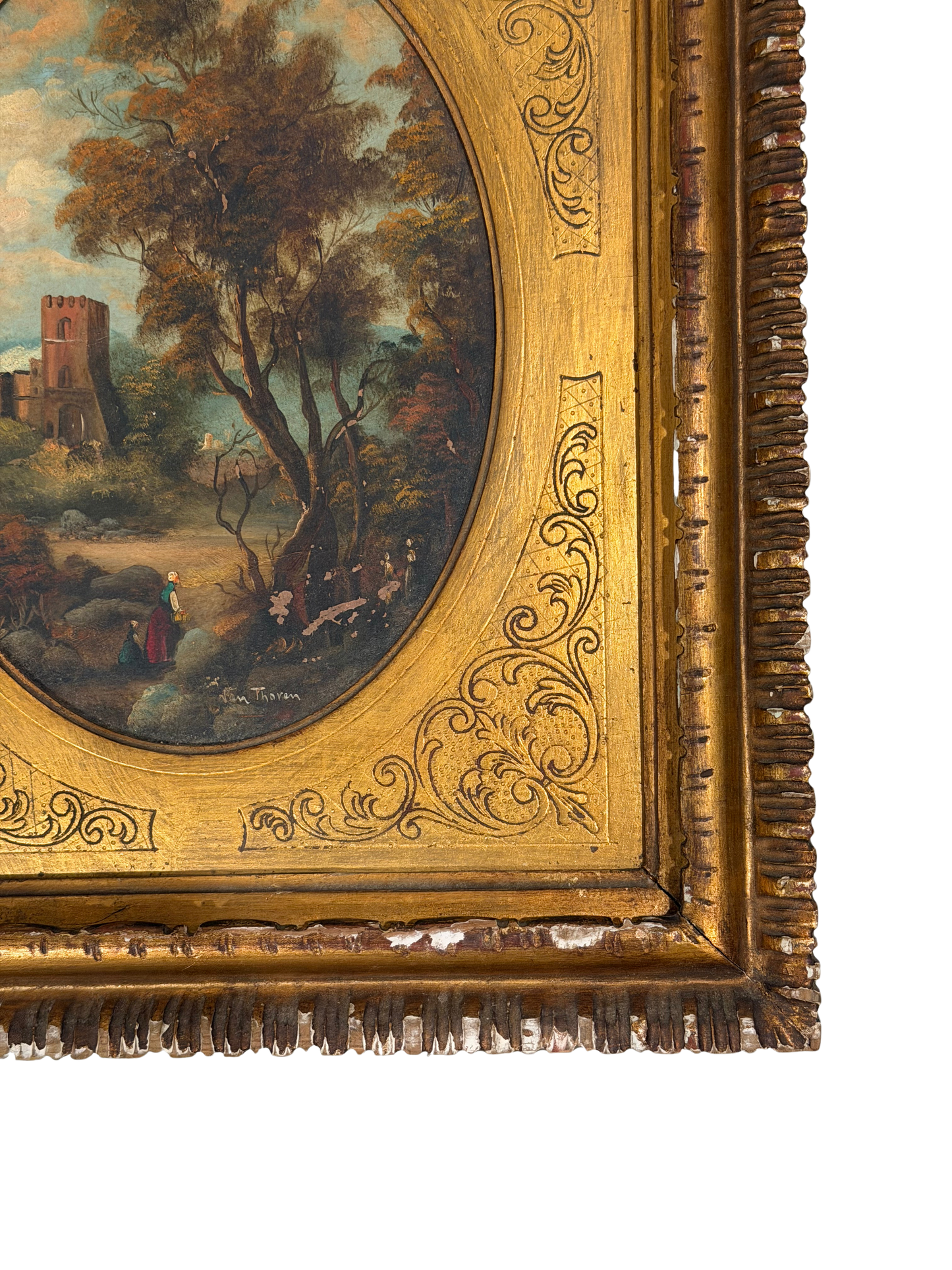 Attributed Otto Van Thoren Oval Landscape Painting with Castle Ruins in Giltwood Frame