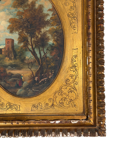 Attributed Otto Van Thoren Oval Landscape Painting with Castle Ruins in Giltwood Frame