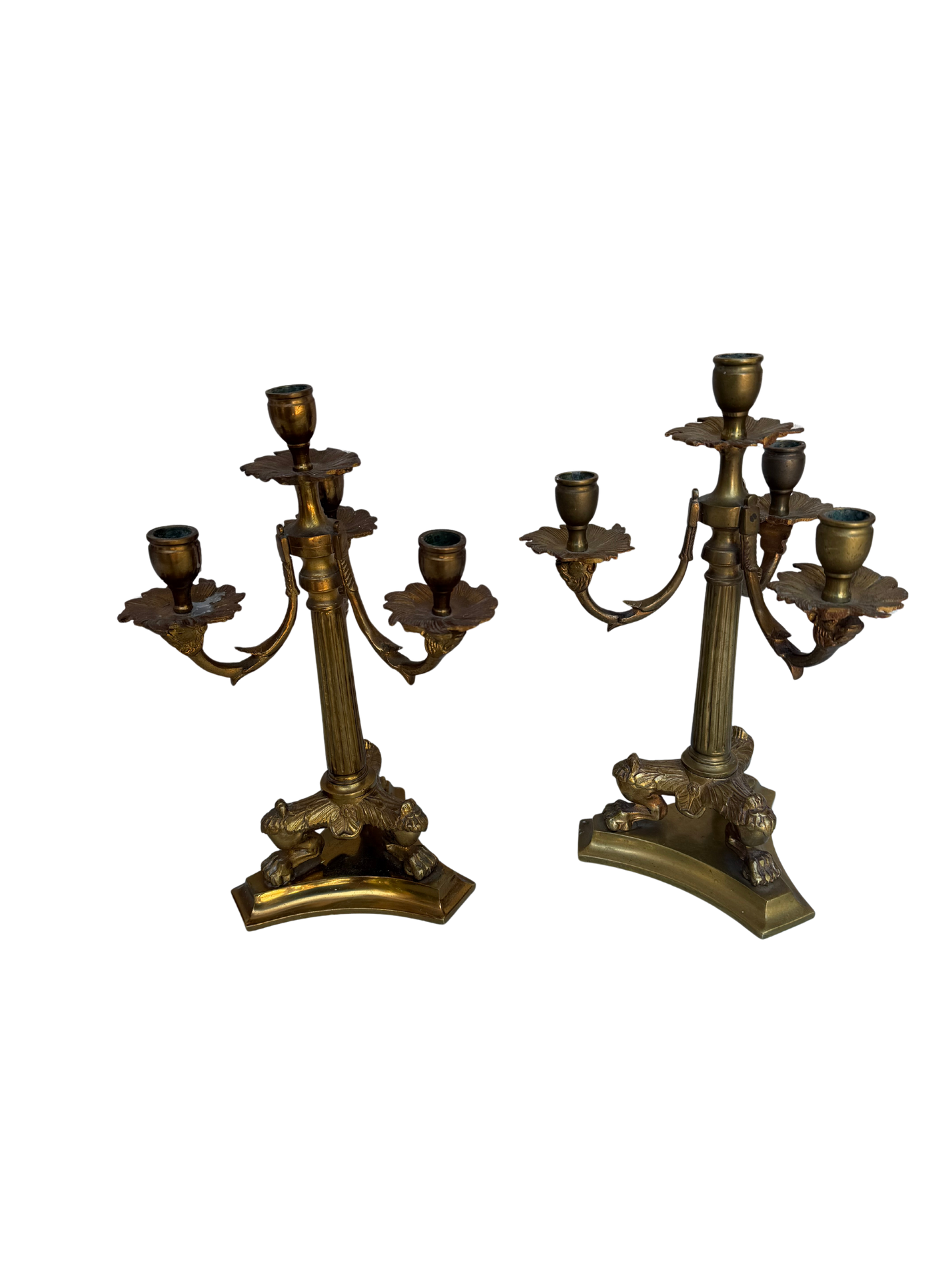 Pair of Antique French Bronze Four-Light Candelabra with Paw Feet and Foliate Arms
