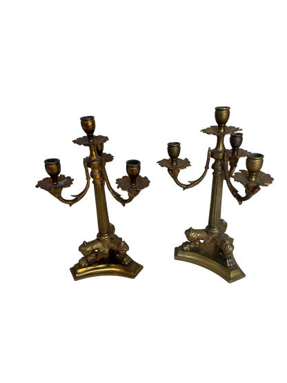 Pair of Antique French Bronze Four-Light Candelabra with Paw Feet and Foliate Arms