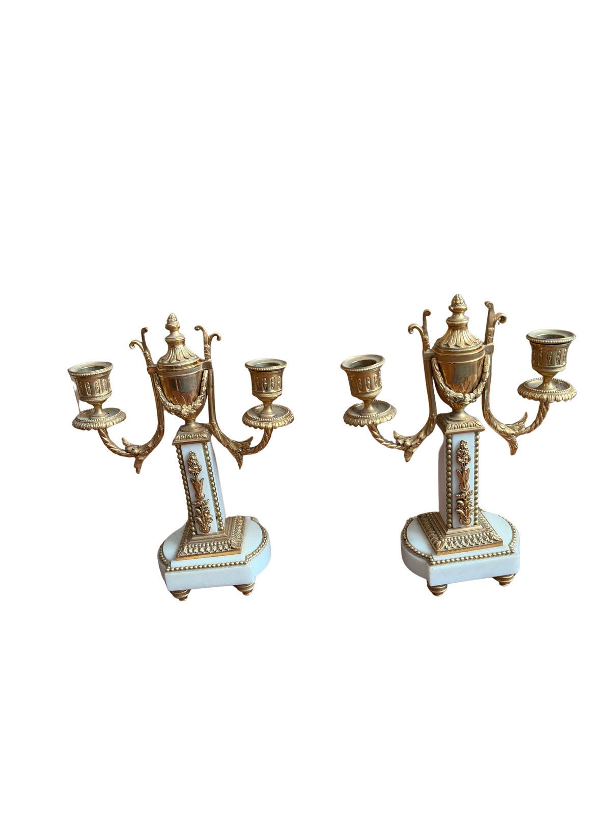 Pair of 19th Century French Louis XVI Style Gilt Bronze & White Marble Three-Light Candelabra
