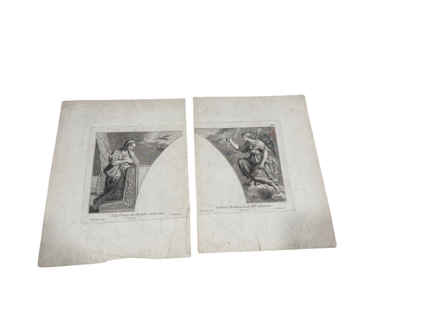 18th C Dual Engraving of Arch Frieze - Annunciation (Virgin Mary and Archangel Gabriel)