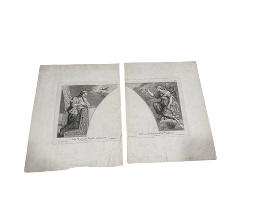 18th C Dual Engraving of Arch Frieze - Annunciation (Virgin Mary and Archangel Gabriel)