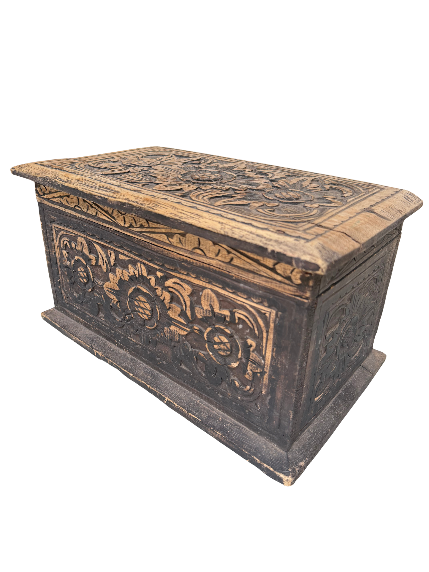 Vintage Indian/Folk Art Hand-Carved Floral Wood Storage Chest with Distressed Ebonized Finish