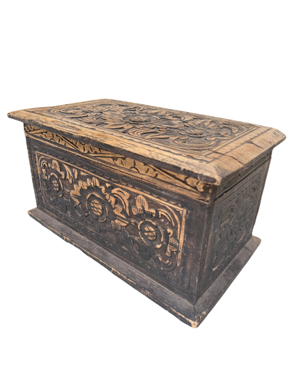 Vintage Indian/Folk Art Hand-Carved Floral Wood Storage Chest with Distressed Ebonized Finish