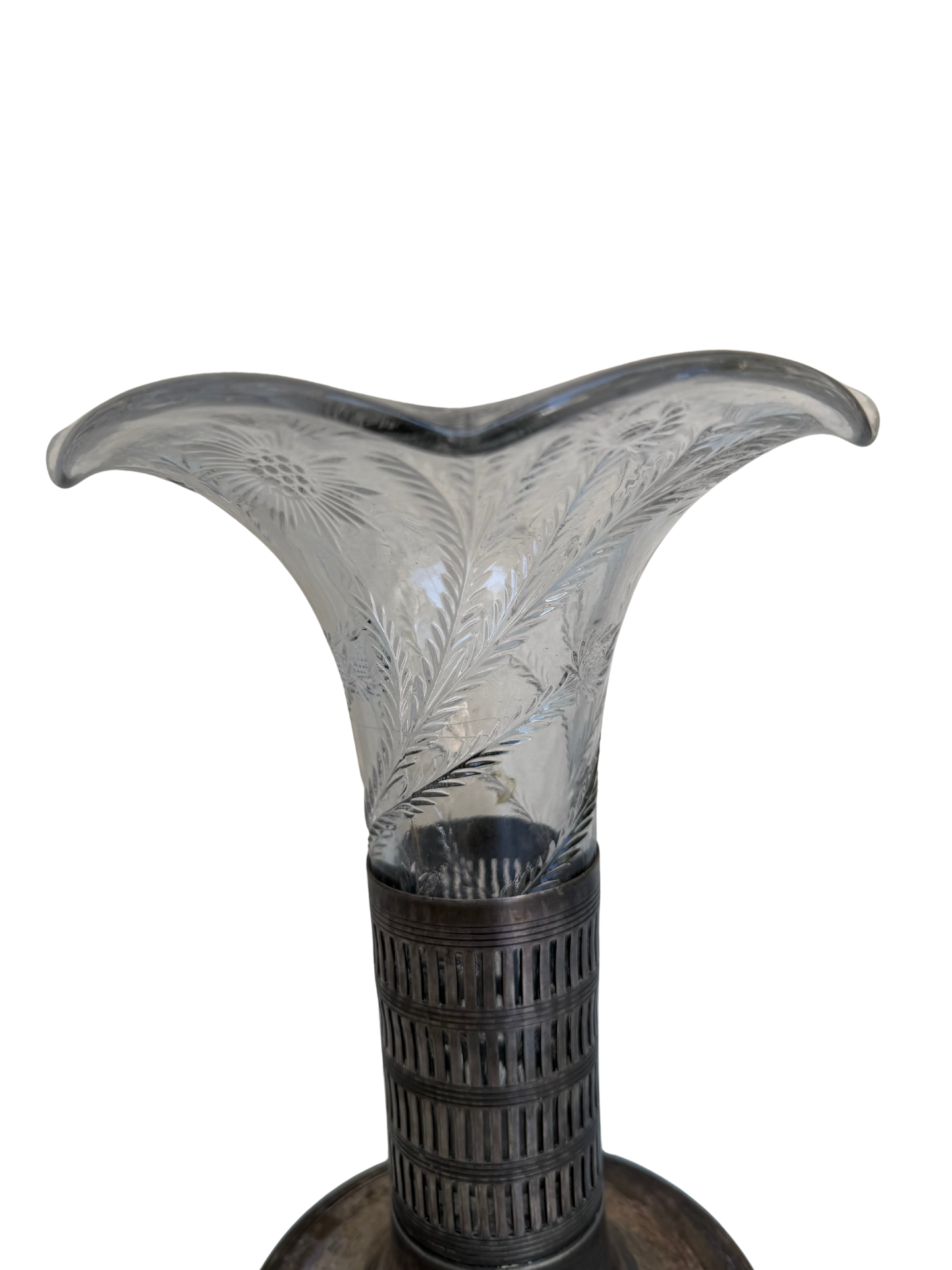 Antique Forbes Silver Co. Silverplate & Etched Glass Trumpet Vase, Circa 1895–1915