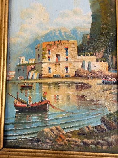 Vintage Italian Coastal Harbor Oil Painting with Fishermen and Giltwood Frame
