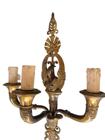 Pair of French Napoleon III Empire Revival Gilt Bronze Eagle Three-Light Wall Sconces, Late 19th Century