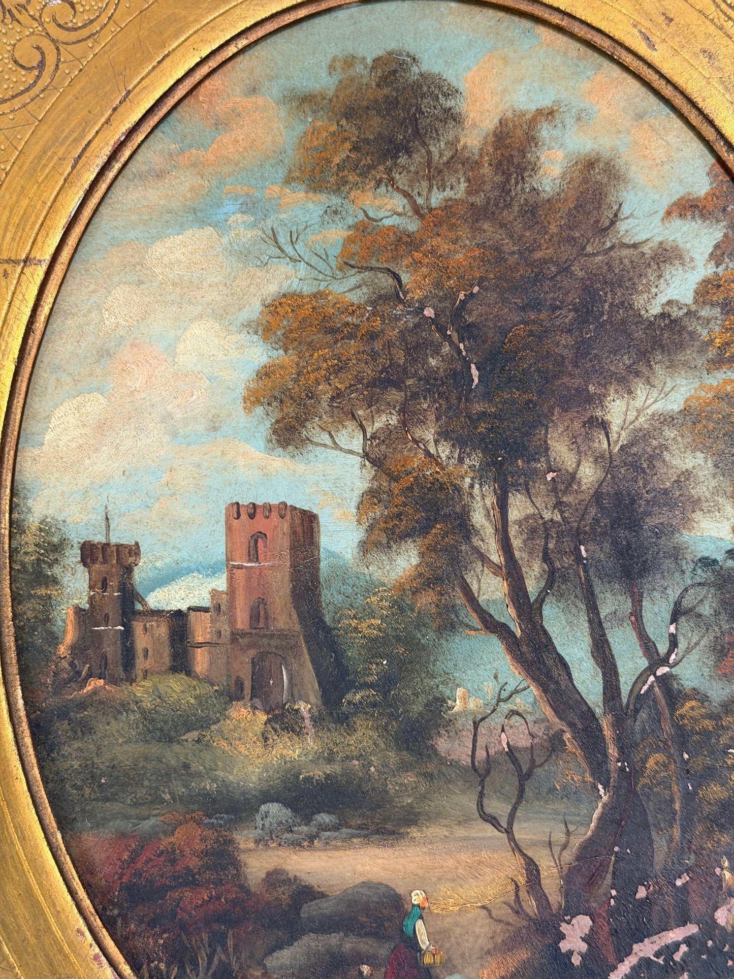 Attributed Otto Van Thoren Oval Landscape Painting with Castle Ruins in Giltwood Frame