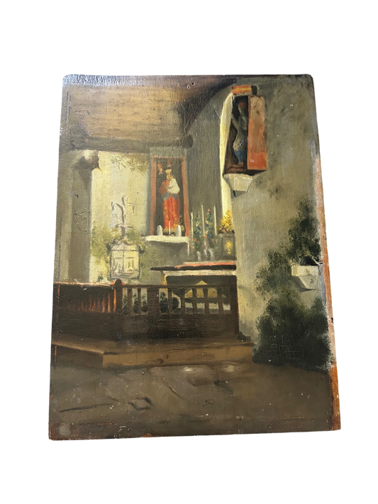 19th C Interior Chapel Oil on Board (Unframed)